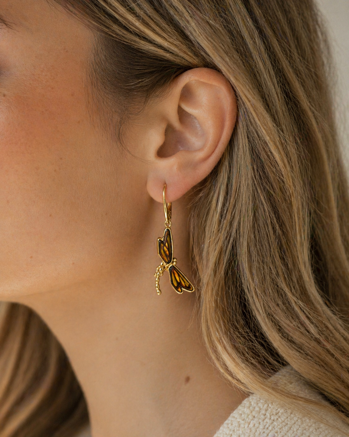 Baltic Amber Dragonfly Earrings, Gold Plated Sterling Silver Lever Back, Hand Etched Amber Wings, Handmade in Poland Drop Earrings