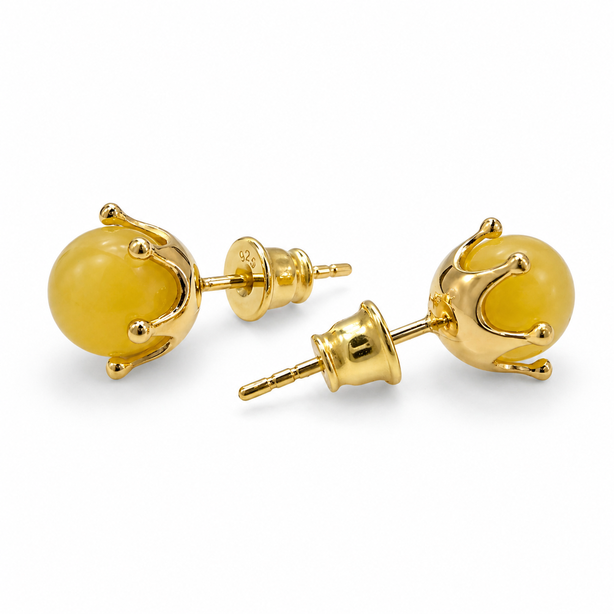 Butterscotch Baltic Amber Ball Stud Earrings, Gold Plated Sterling Silver, 8mm Amber Stud Earrings, Crown Setting
