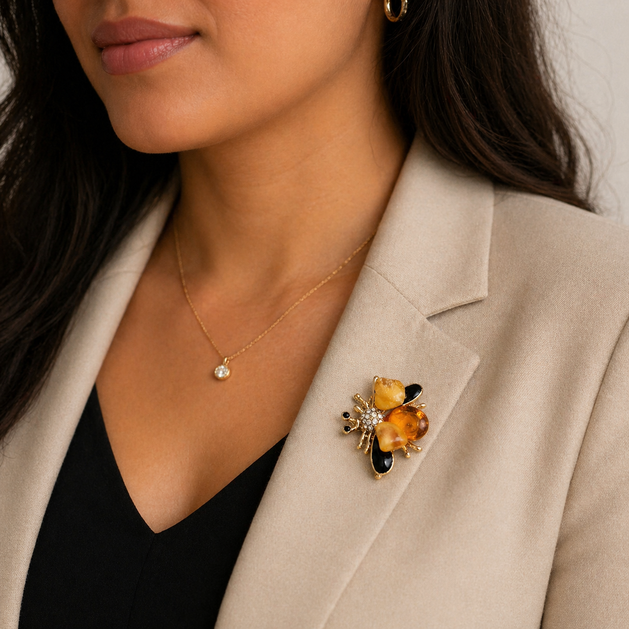 Genuine Baltic Amber Bumblebee Brooch – Butterscotch & Honey Amber – Black Onyx Wings – CZ Accents – Nature Inspired Jewelry
