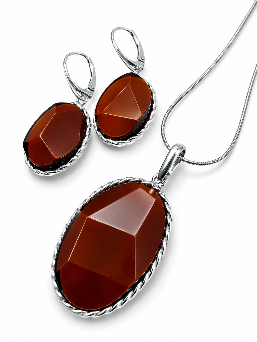 Faceted Cherry Baltic Amber Pendant & Earrings Set – Genuine Baltic Amber Jewelry – Sterling Silver Amber Necklace
