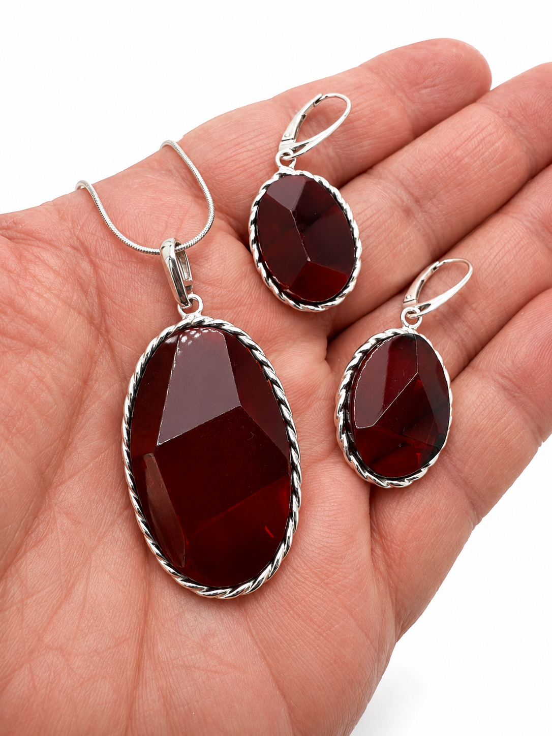 Faceted Cherry Baltic Amber Pendant & Earrings Set – Genuine Baltic Amber Jewelry – Sterling Silver Amber Necklace