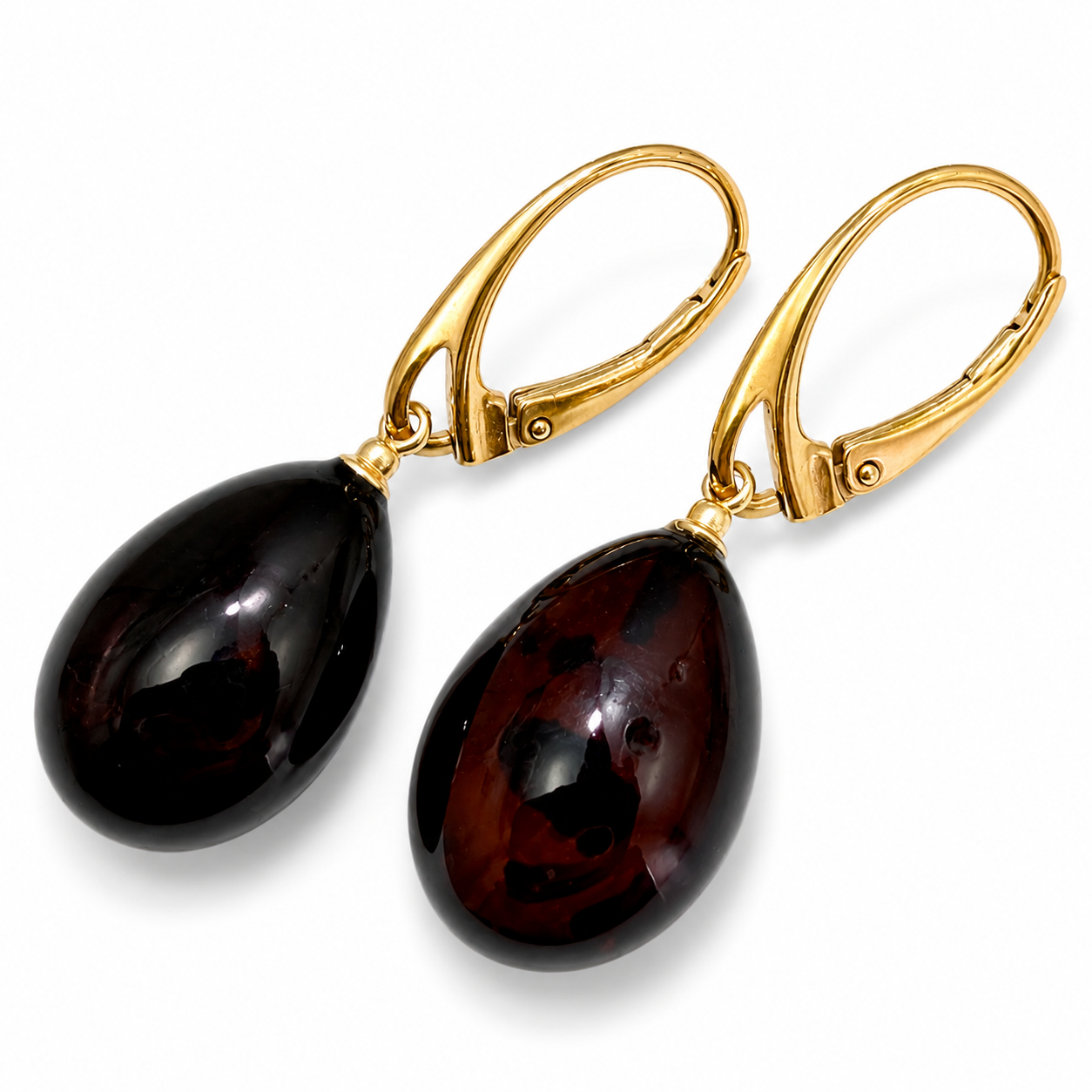 Cherry Baltic Amber Teardrop Lever Back Drop Gold Plated Earrings