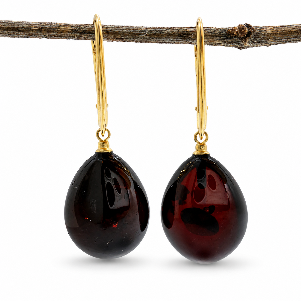 Cherry Baltic Amber Teardrop Lever Back Drop Gold Plated Earrings