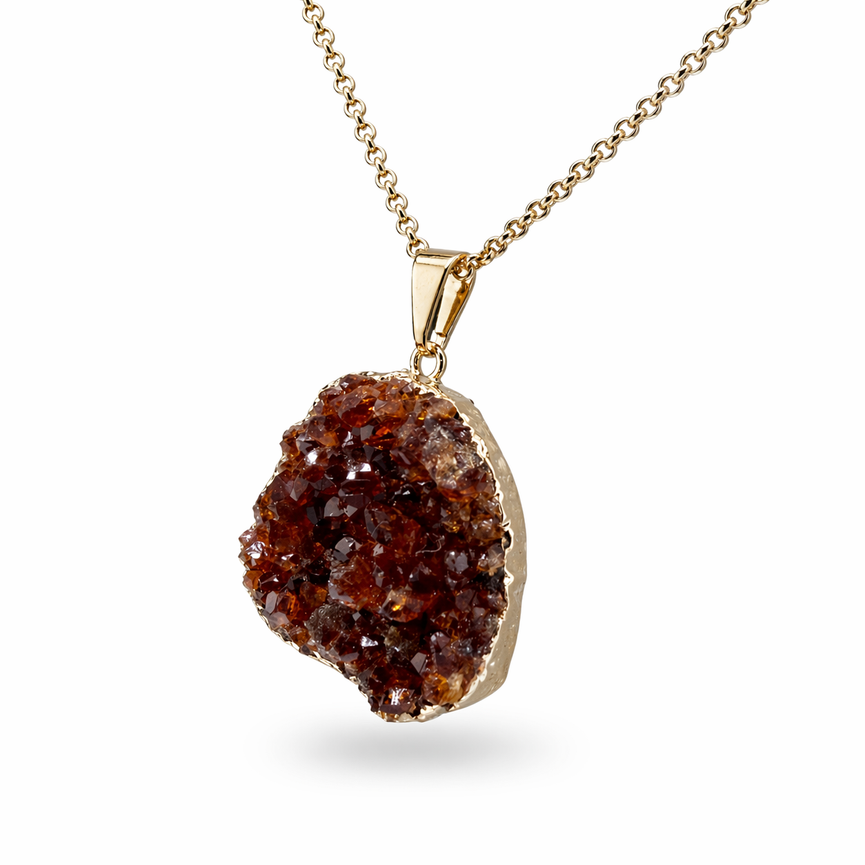 Citrine Druzy Agate Oval Pendant Necklace, Gold Plated 18 Inch Chain, Handmade Brazil Gemstone Jewelry,