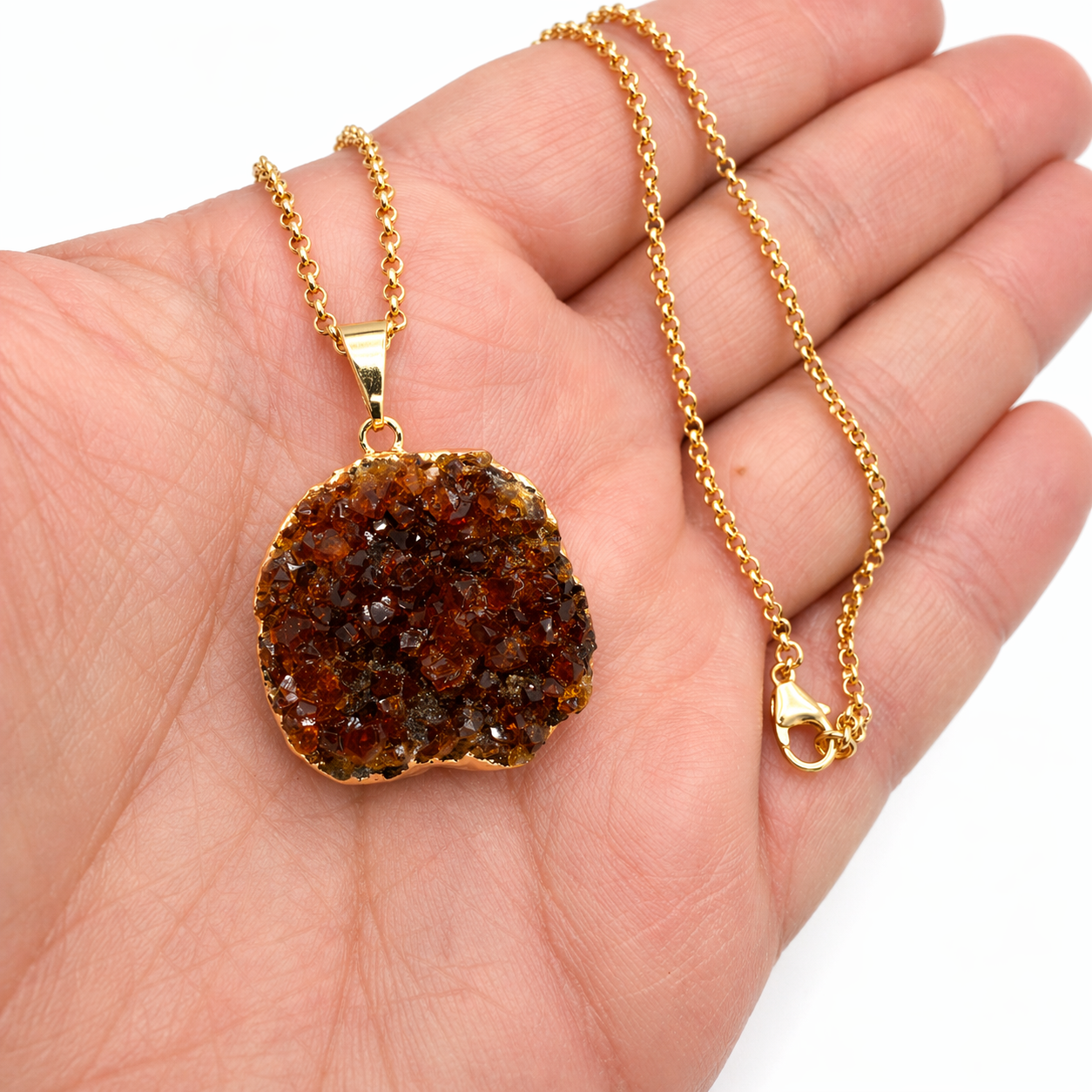 Citrine Druzy Agate Oval Pendant Necklace, Gold Plated 18 Inch Chain, Handmade Brazil Gemstone Jewelry,