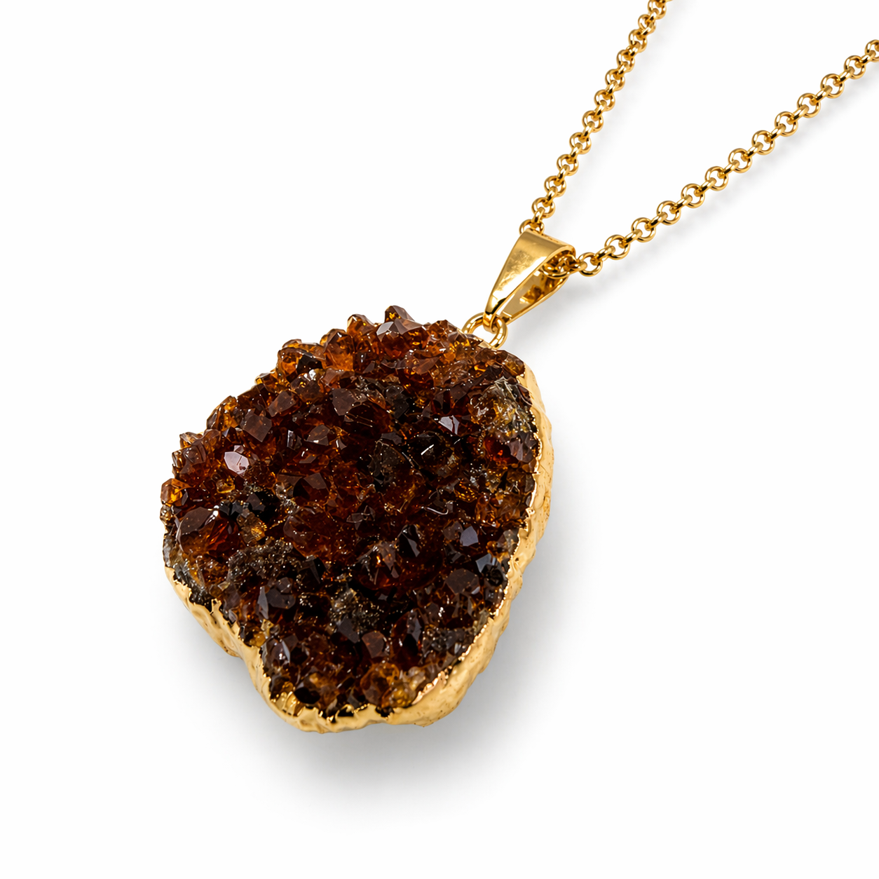 Citrine Druzy Agate Oval Pendant Necklace, Gold Plated 18 Inch Chain, Handmade Brazil Gemstone Jewelry,