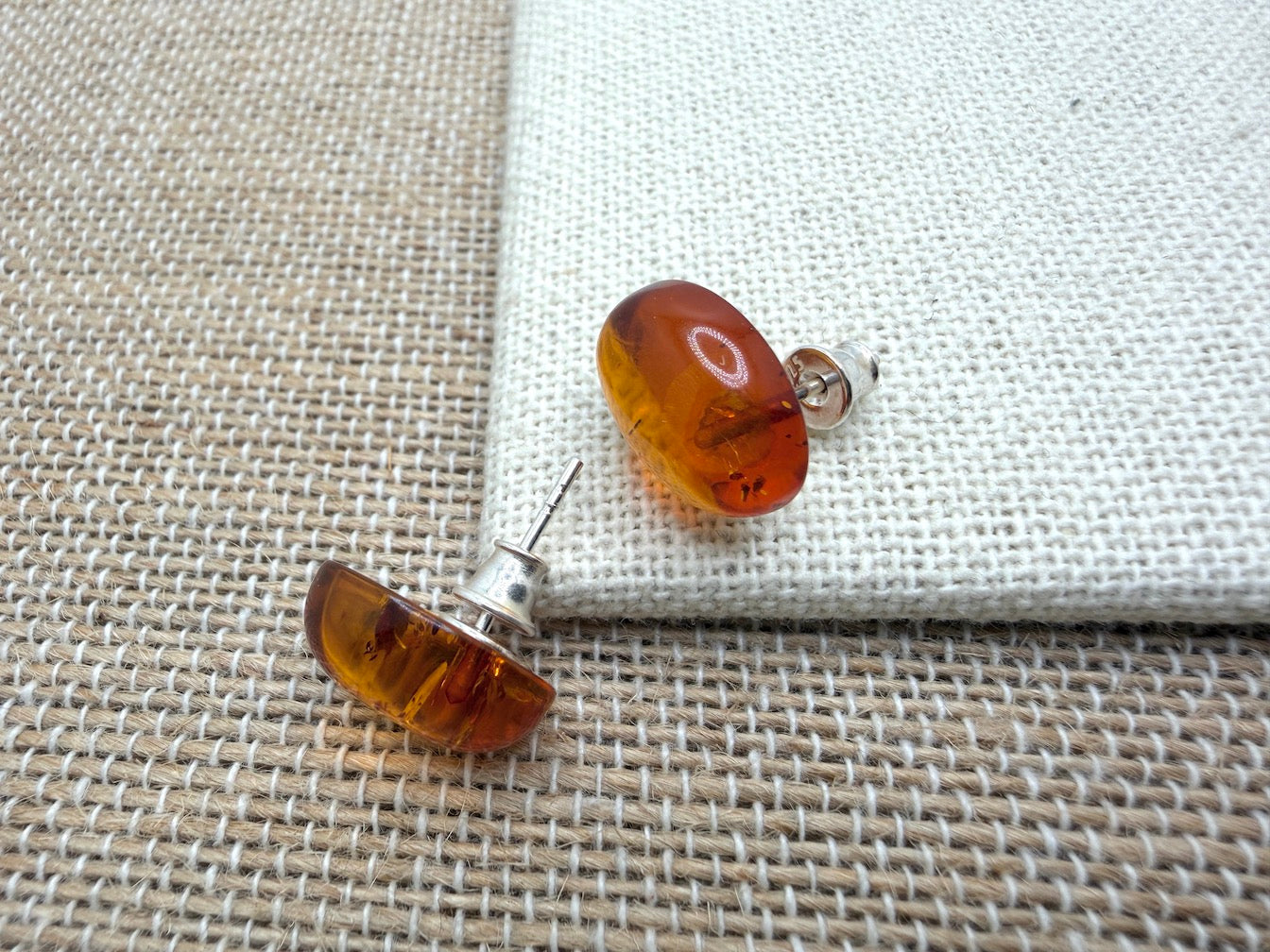 Classic Oval Cognac Amber Stud Earrings in Sterling Silver