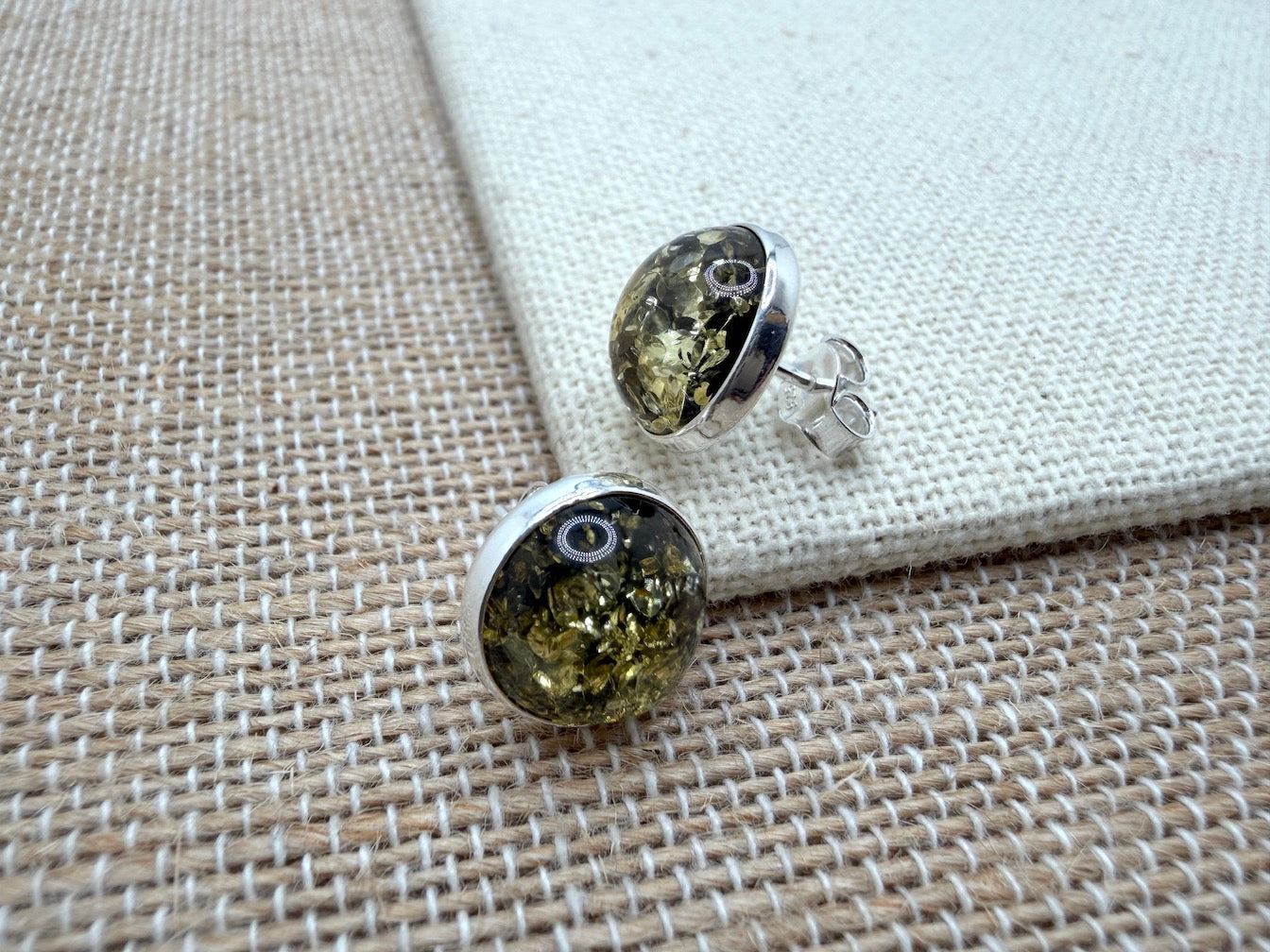 Classic Round Cognac or Green Amber Stud Earrings – 10 mm Cabochon in Sterling Silver