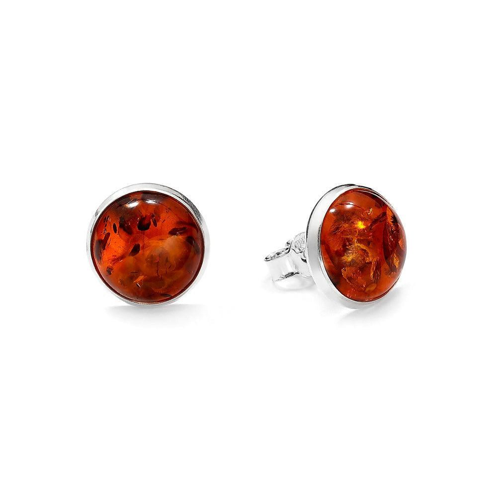 Classic Round Cognac or Green Amber Stud Earrings – 10 mm Cabochon in Sterling Silver