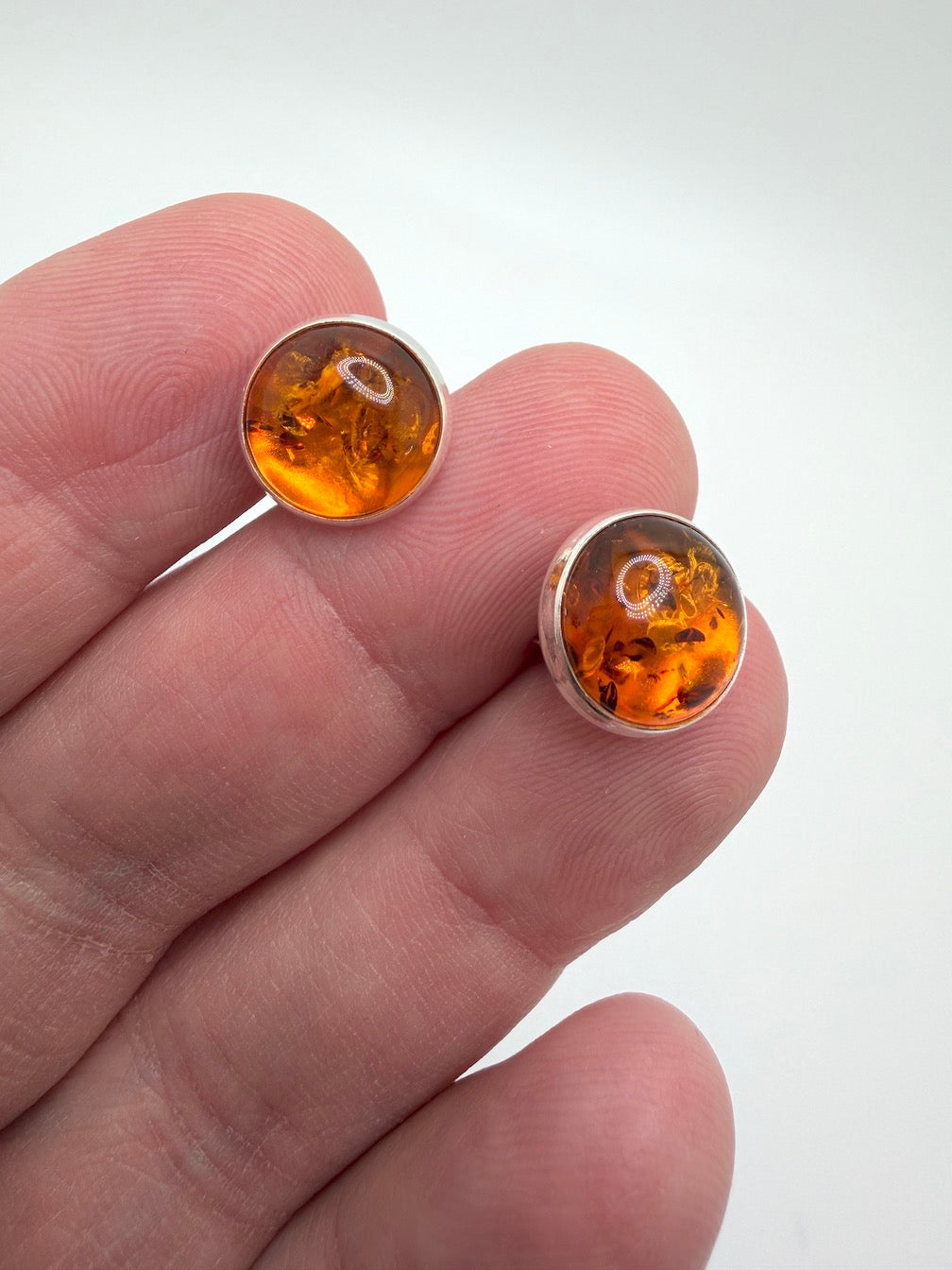 Classic Round Cognac or Green Amber Stud Earrings – 10 mm Cabochon in Sterling Silver