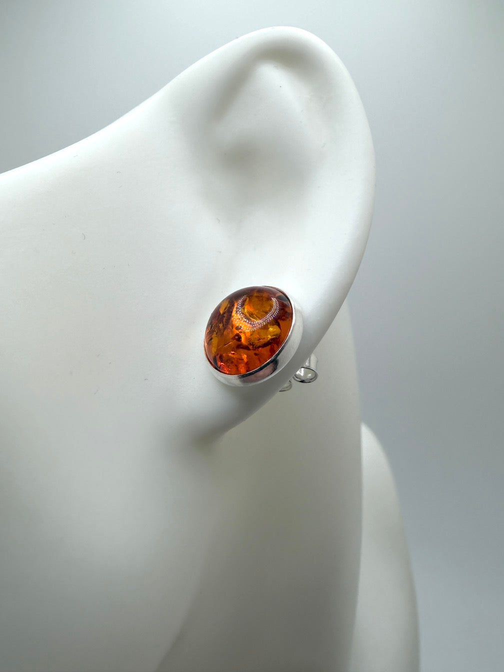 Classic Round Cognac or Green Amber Stud Earrings – 10 mm Cabochon in Sterling Silver