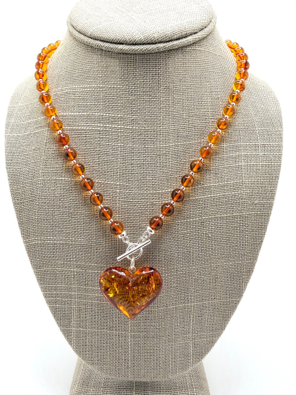 Cognac Baltic Amber Beaded Necklace – Puffy Honey Heart Pendant & Sterling Silver Toggle Closure