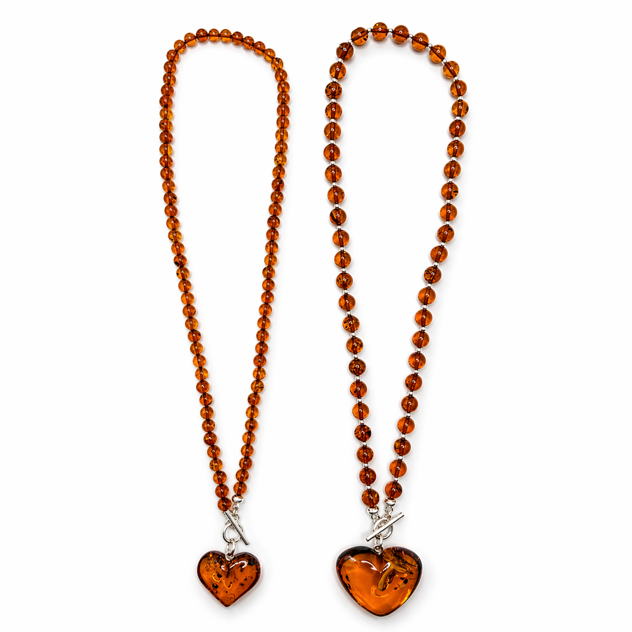 Cognac Baltic Amber Beaded Necklace – Puffy Honey Heart Pendant & Sterling Silver Toggle Closure