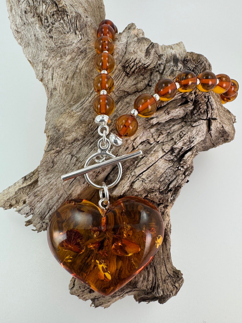 Cognac Baltic Amber Beaded Necklace – Puffy Honey Heart Pendant & Sterling Silver Toggle Closure