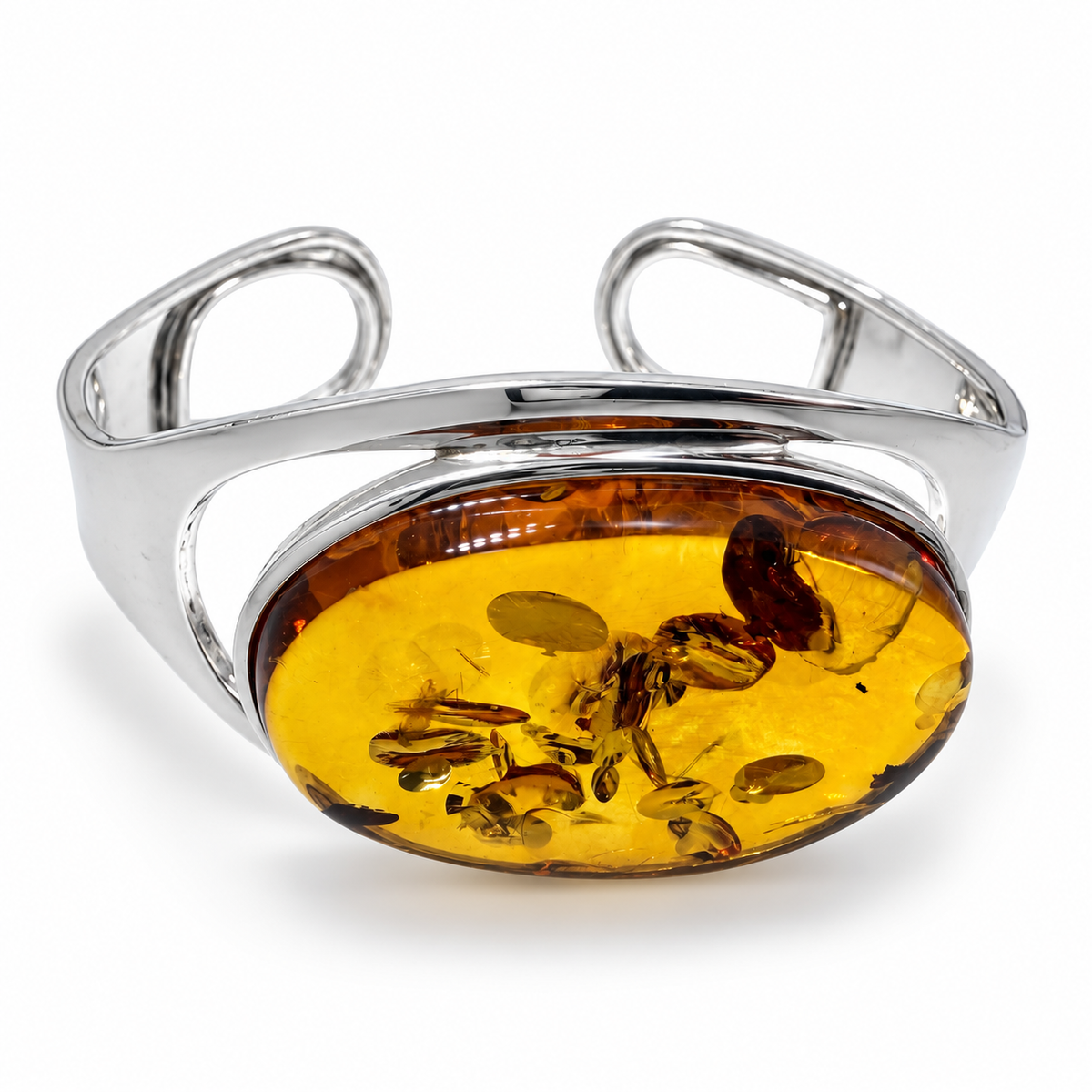 Large Cognac Baltic Amber Cuff Bracelet, Sterling Silver Statement Bracelet,