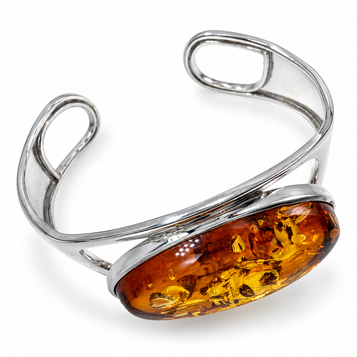 Large Cognac Baltic Amber Cuff Bracelet, Sterling Silver Statement Bracelet,