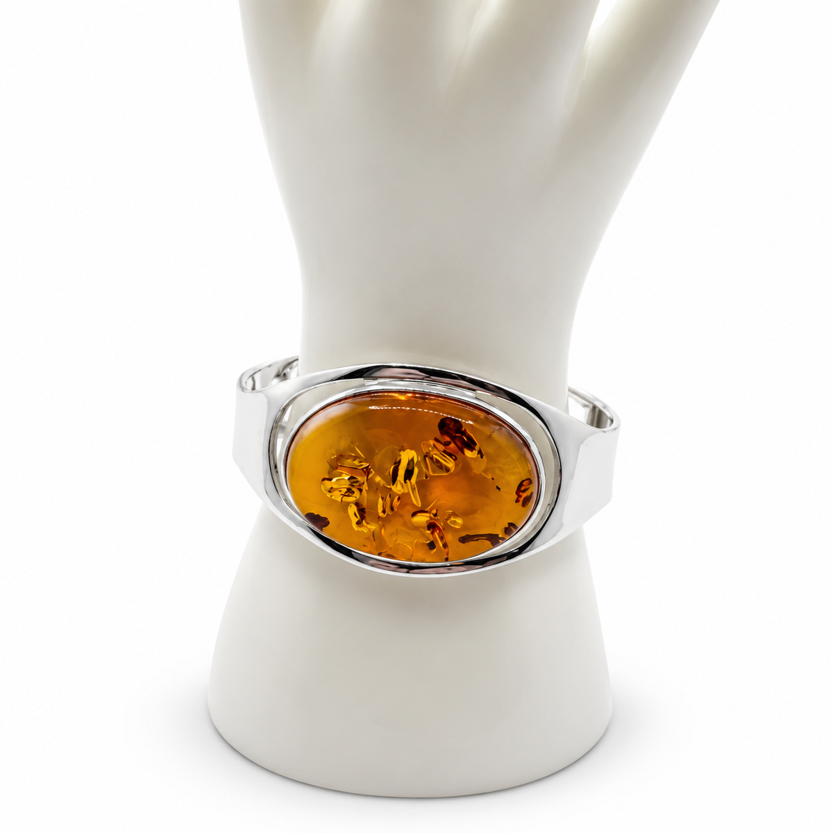 Large Cognac Baltic Amber Cuff Bracelet, Sterling Silver Statement Bracelet, Handmade in Poland, Modern Oval Amber Jewelry, Adjustable Open Cuff