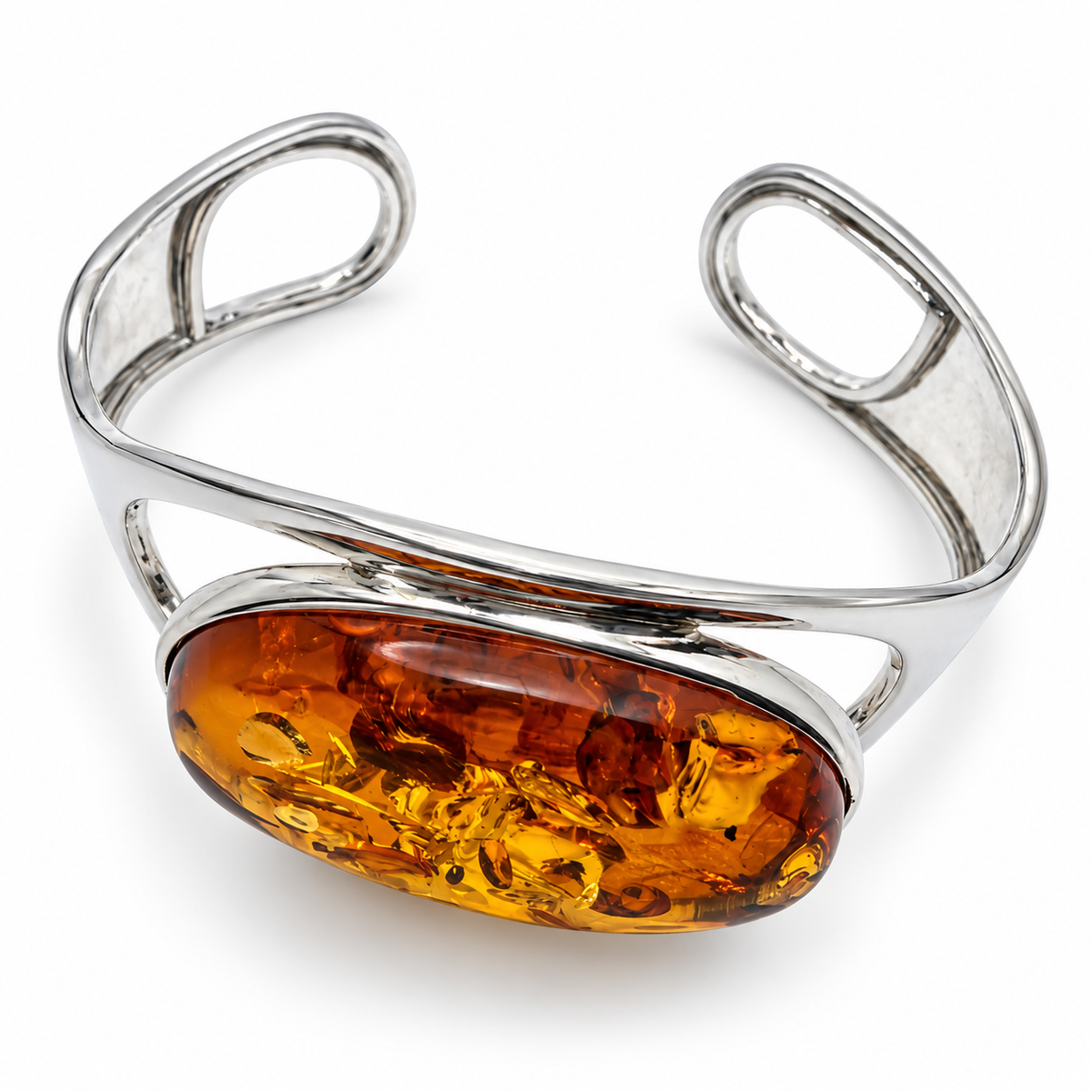 Large Cognac Baltic Amber Cuff Bracelet, Sterling Silver Statement Bracelet,