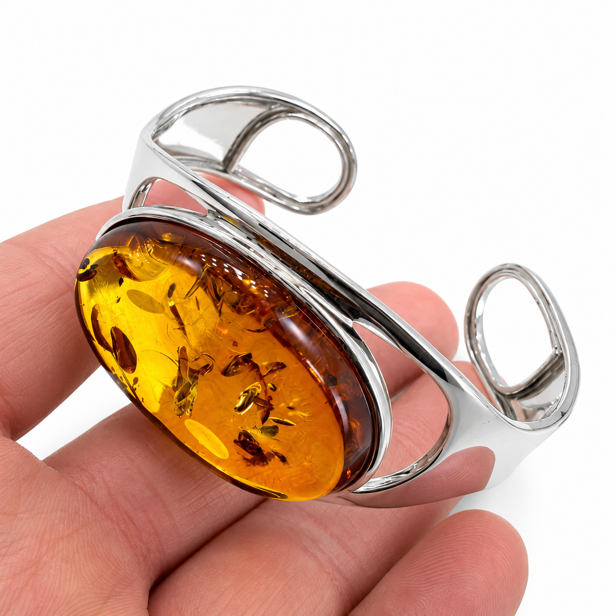 Large Cognac Baltic Amber Cuff Bracelet, Sterling Silver Statement Bracelet,