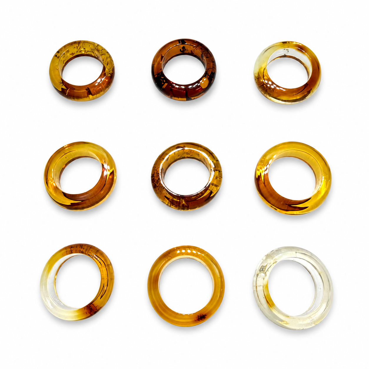 Handmade Genuine Baltic Amber Band Rings – Solid Amber, One Piece Construction – Honey, Cognac, Lemon & Clear Amber – Sizes 5-7