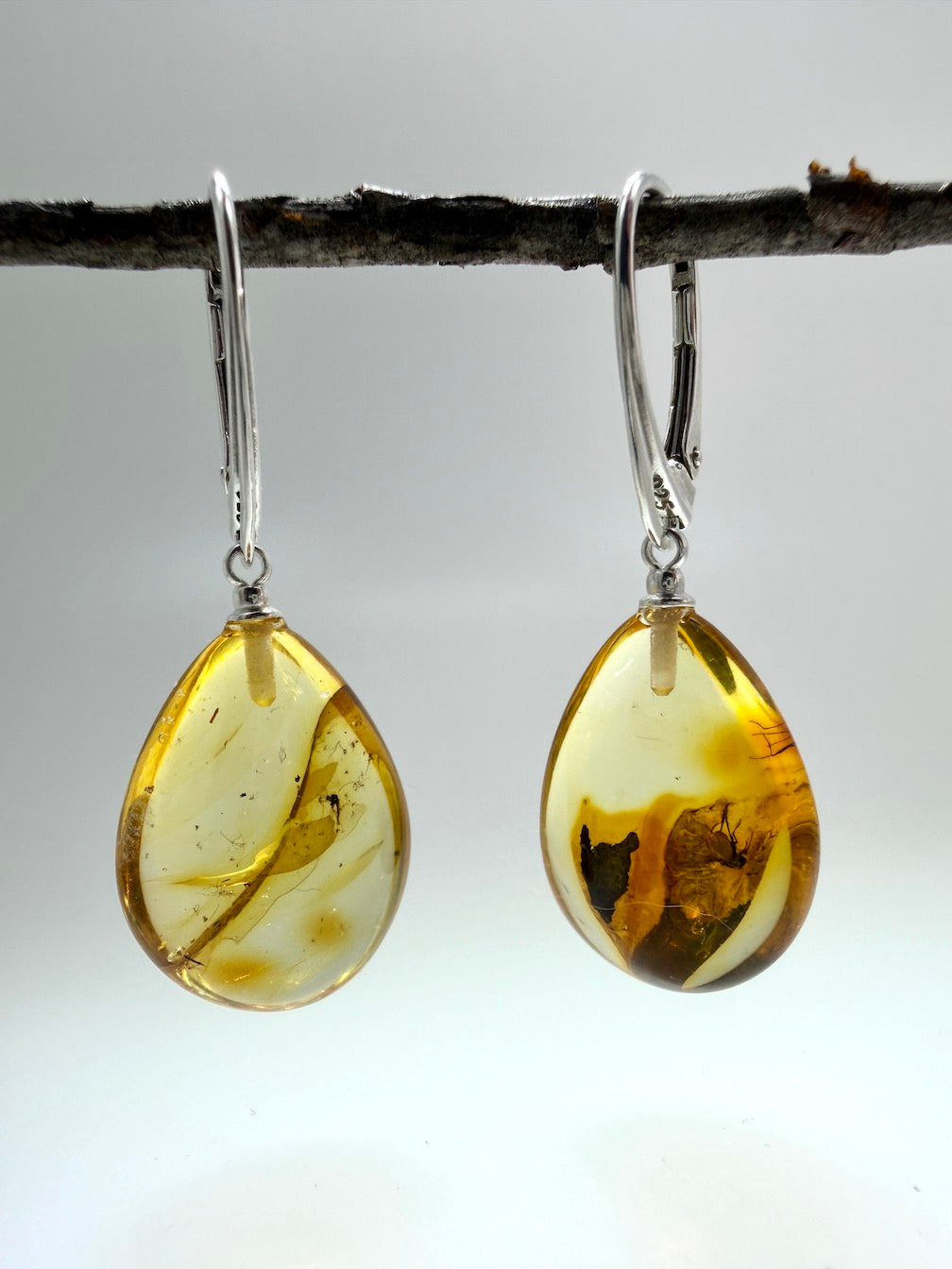 Handmade in Lithuania Genuine Baltic Amber Teardrop Earrings – Rare Insect Inclusions – Sterling Silver Lever Back Drops