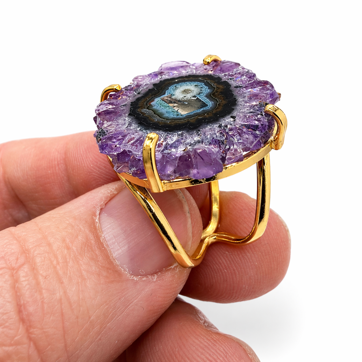 Druzy Amethyst Statement Ring Gold Plated Brass, Adjustable Open Shank Ring, Oval Purple Crystal Ring, Handmade Brazil Jewelry, One of a Kind Ring