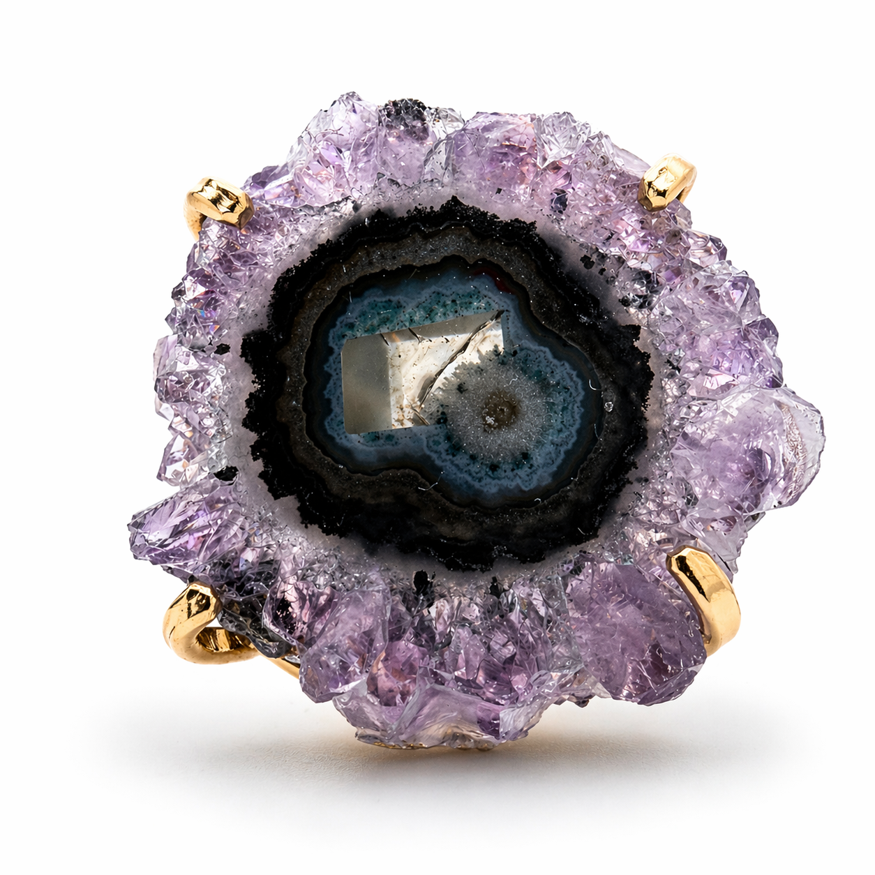 Druzy Amethyst Statement Ring Gold Plated Brass, Adjustable Open Shank Ring, Oval Purple Crystal Ring, Handmade Brazil Jewelry, One of a Kind Ring
