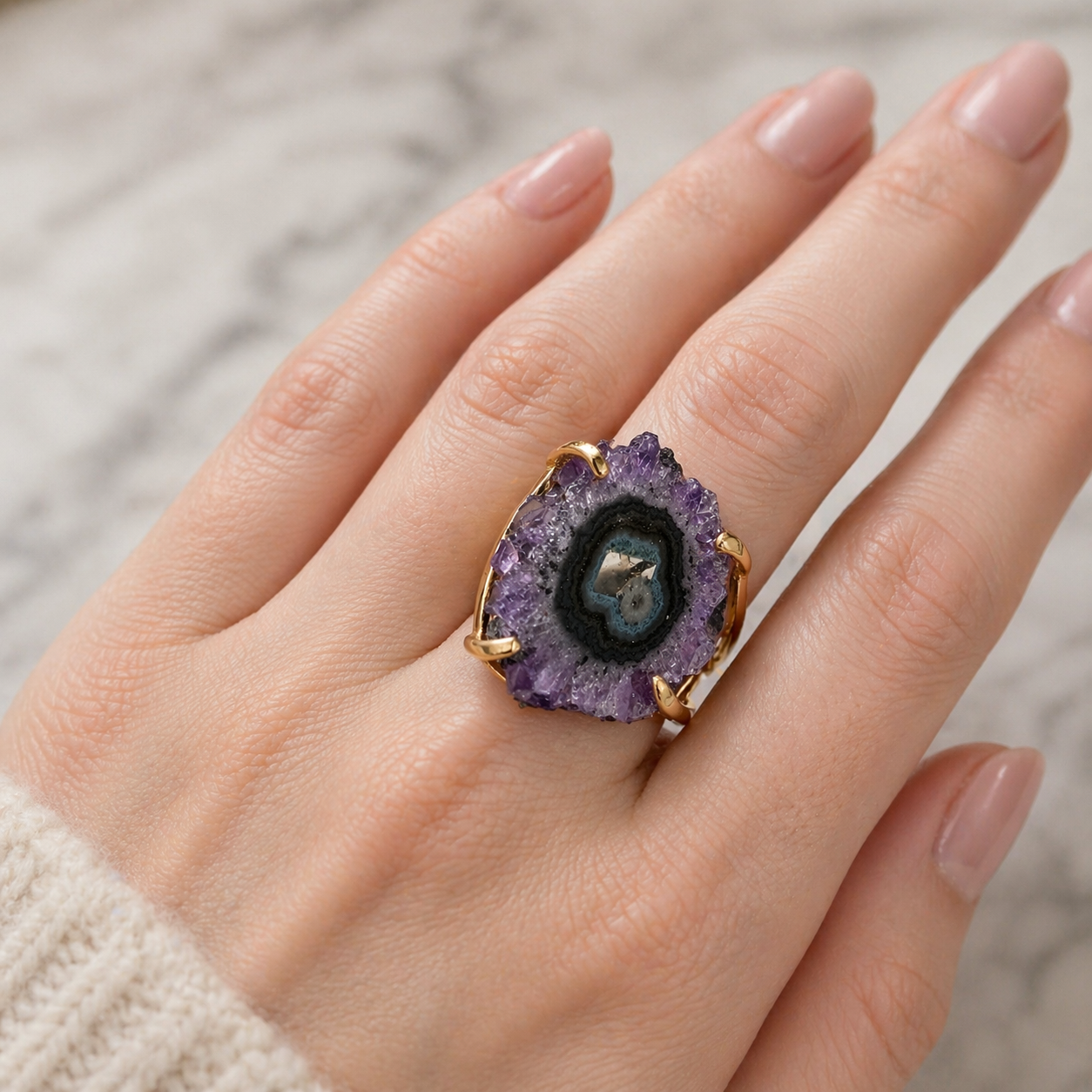 Druzy Amethyst Statement Ring Gold Plated Brass, Adjustable Open Shank Ring, Oval Purple Crystal Ring, Handmade Brazil Jewelry, One of a Kind Ring