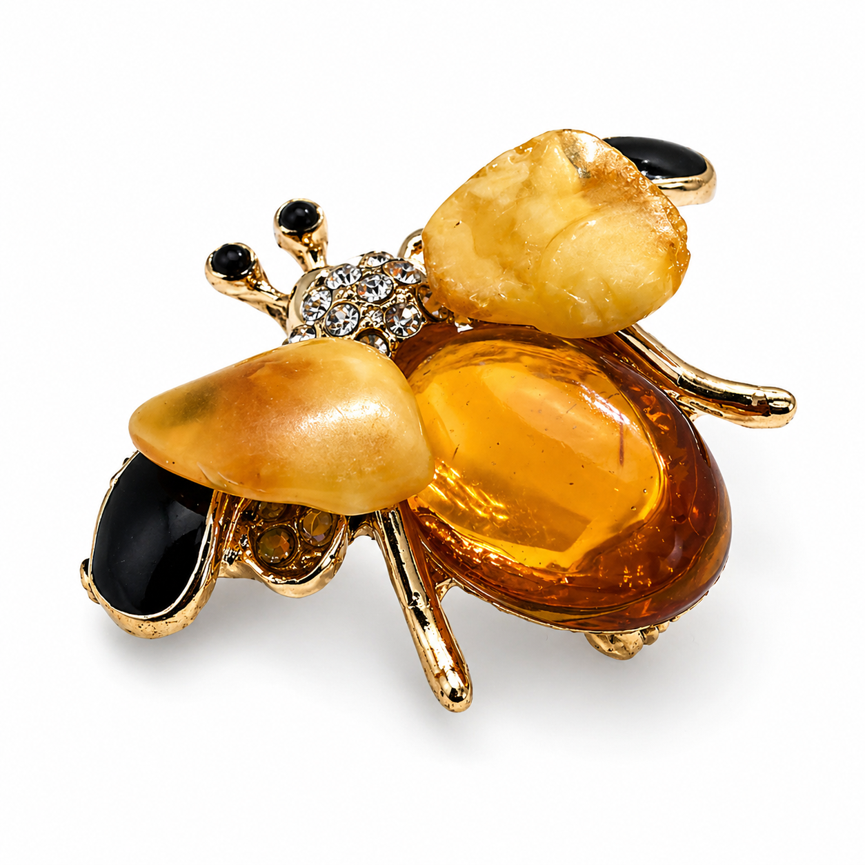 Genuine Baltic Amber Bumblebee Brooch – Butterscotch & Honey Amber – Black Onyx Wings – CZ Accents – Nature Inspired Jewelry