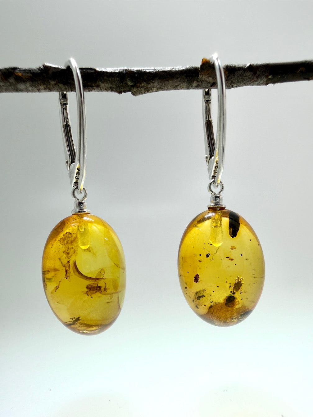 Handmade in Lithuania Genuine Baltic Amber Teardrop Earrings – Rare Insect Inclusions – Sterling Silver Lever Back Drops