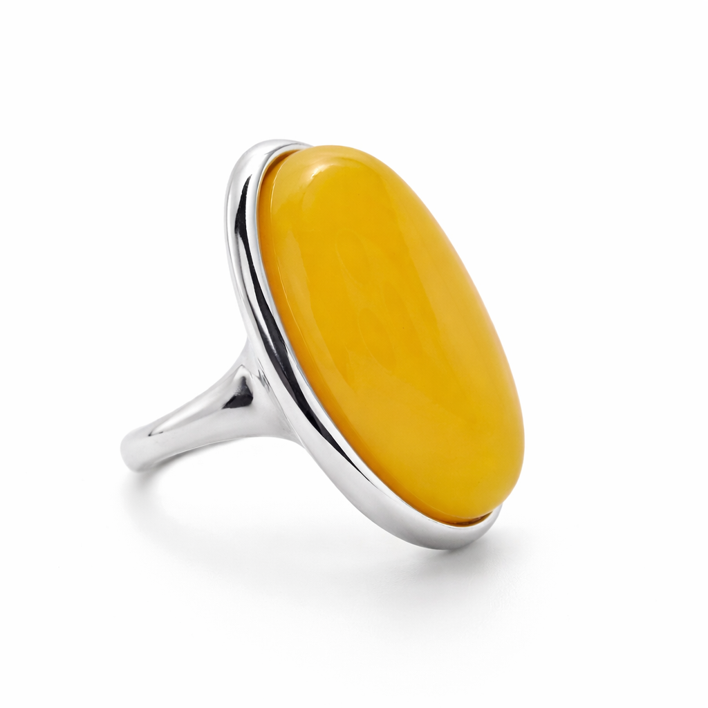 Classic Baltic Amber Ring in Sterling Silver – Oval Cabochon Honey, Green or Butterscotch, Handmade in Poland
