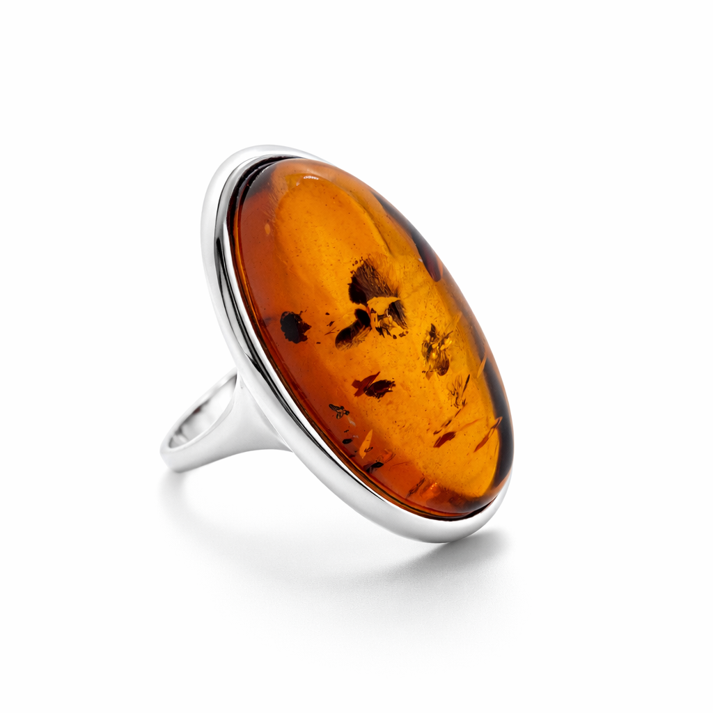 Classic Baltic Amber Ring in Sterling Silver – Oval Cabochon Honey, Green or Butterscotch, Handmade in Poland