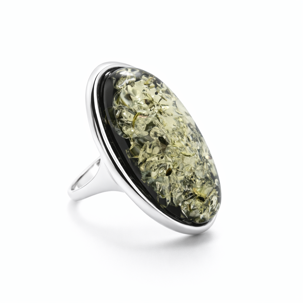 Classic Baltic Amber Ring in Sterling Silver – Oval Cabochon Honey, Green or Butterscotch, Handmade in Poland