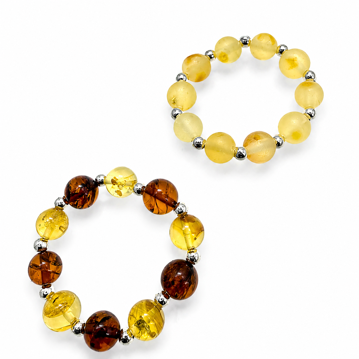 Genuine Baltic Amber Ball Stretch Ring – Multicolor Lemon & Honey or Matte Lemon – 5 mm Amber Beads – Adjustable Fit