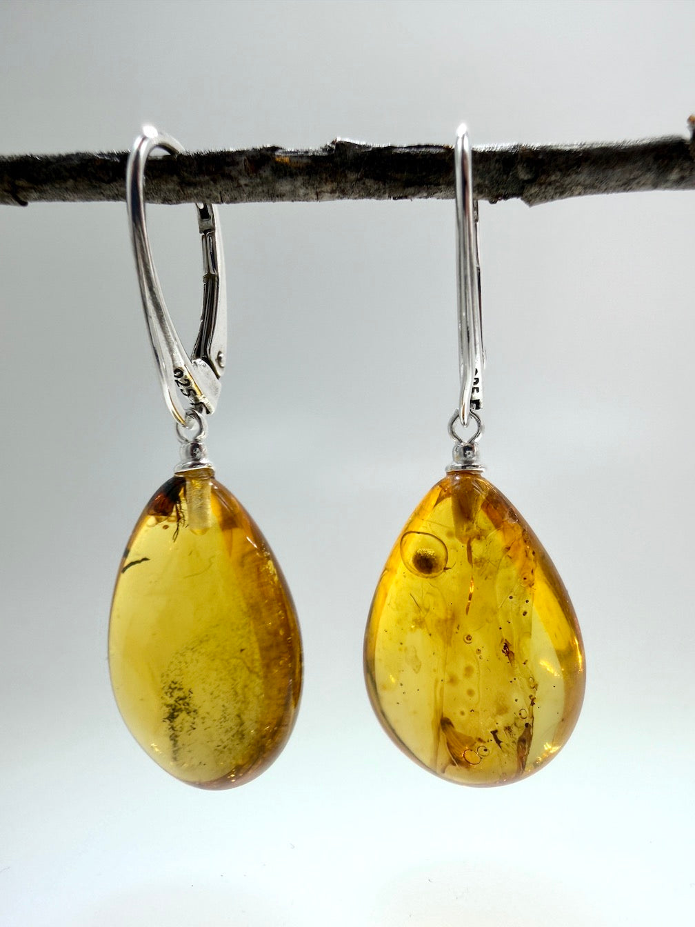 Handmade in Lithuania Genuine Baltic Amber Teardrop Earrings – Rare Insect Inclusions – Sterling Silver Lever Back Drops