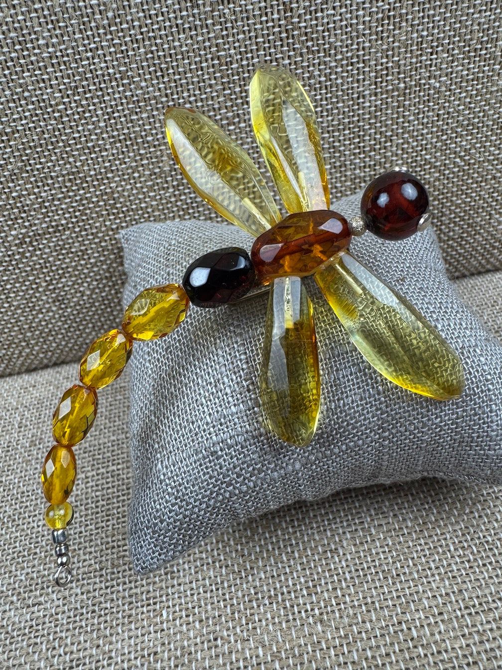 Genuine Baltic faceted amber and sterling silver dragonfly brooch