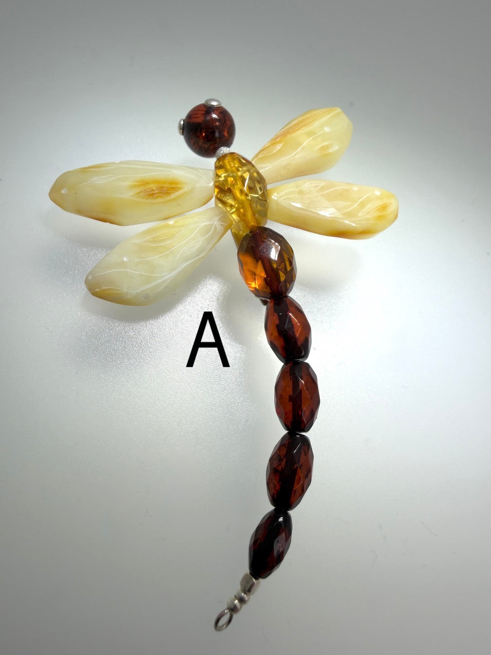 Genuine Baltic faceted amber and sterling silver dragonfly brooch