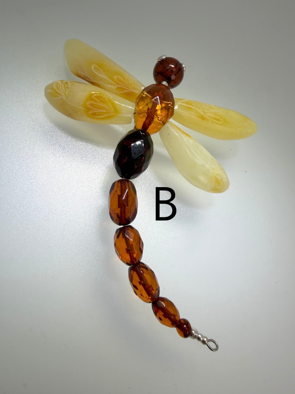 Genuine Baltic faceted amber and sterling silver dragonfly brooch