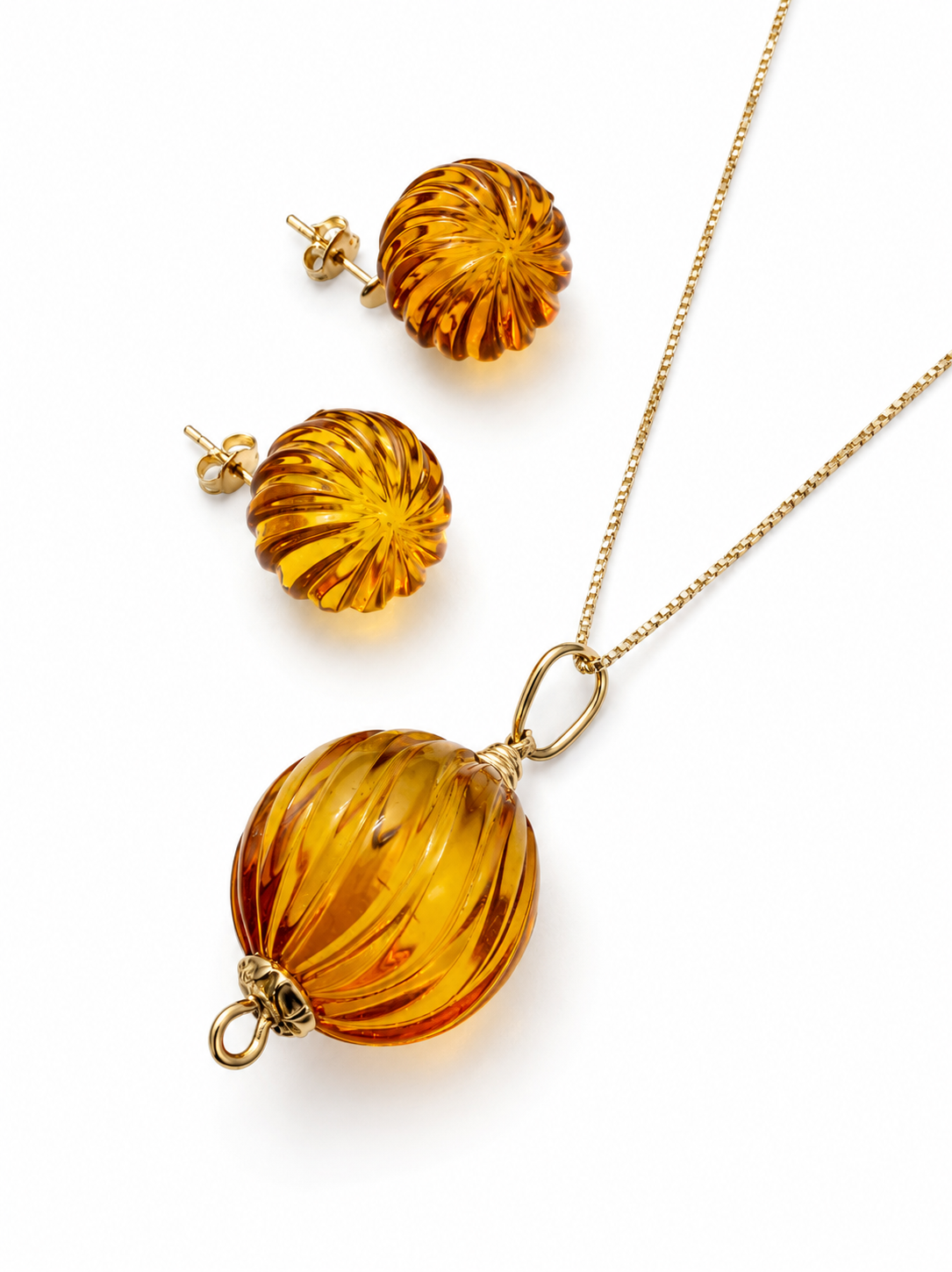 Rare Faceted Baltic Amber Pendant & Earrings Set – 14K Gold