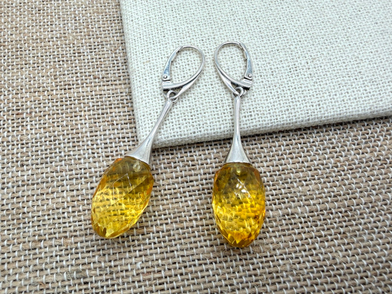 Faceted Lemon Baltic Amber Drop Earrings – Sterling Silver Lever Back