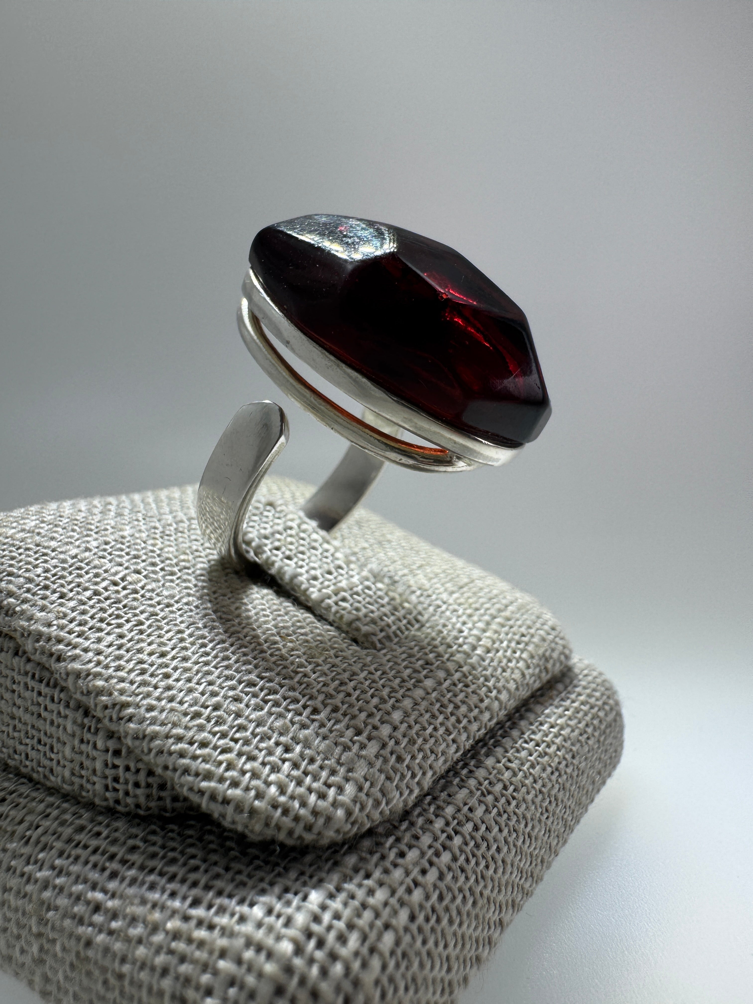 Faceted Cherry Baltic Amber Ring Handmade in Poland | 925 Sterling Silver Adjustable Ring | Genuine Amber Gemstone Statement Ring