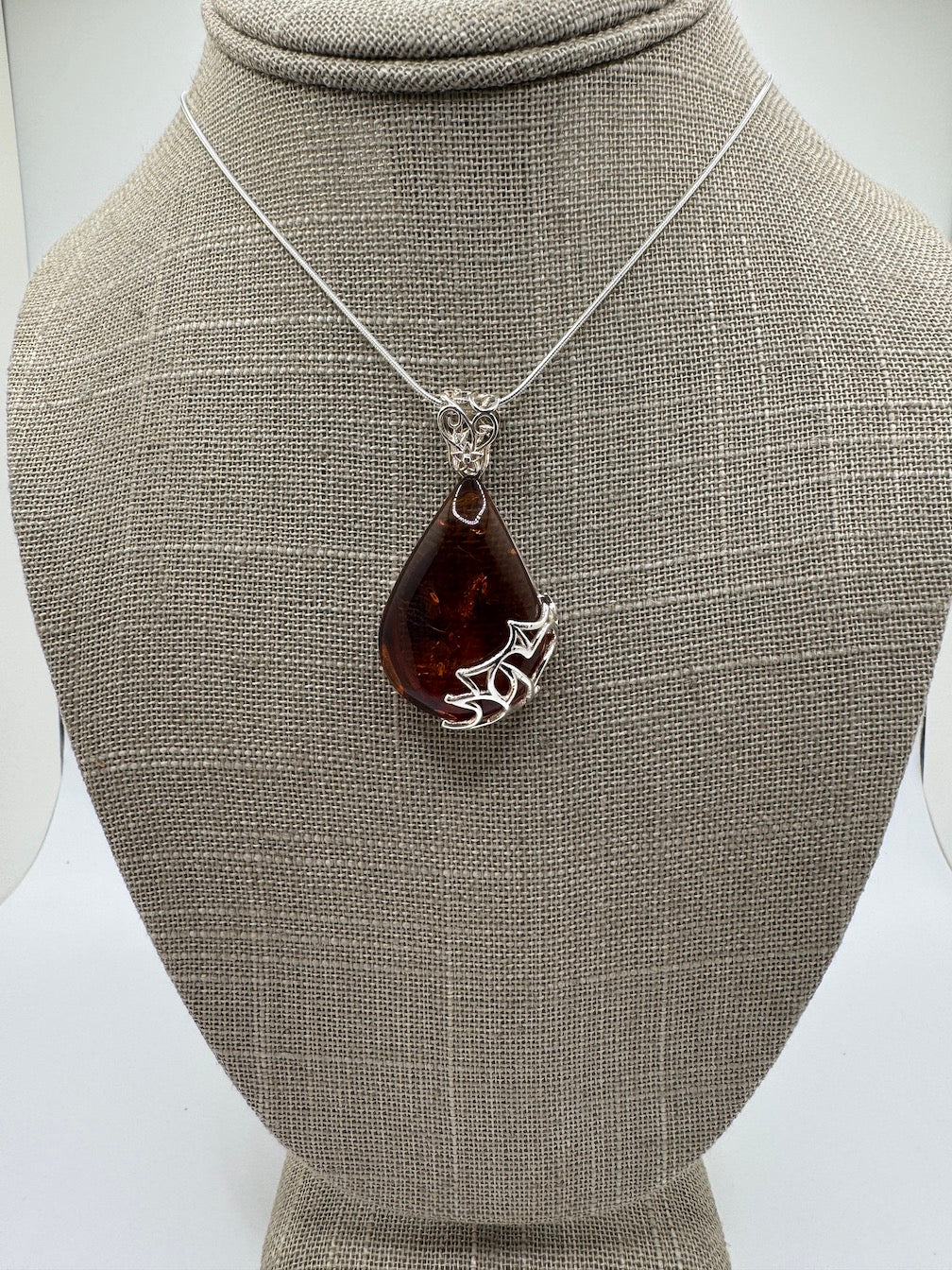 Filigree Cognac Baltic Amber Pendant Necklace Sterling Silver – Genuine Amber on Sterling Snake Chain