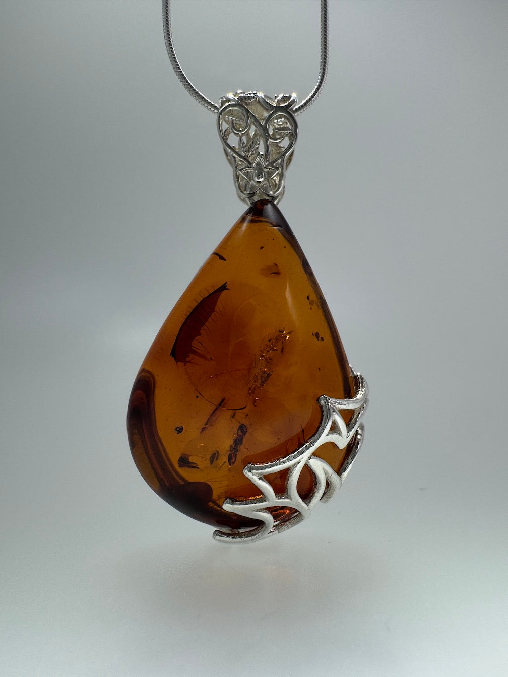 Filigree Cognac Baltic Amber Pendant Necklace Sterling Silver – Genuine Amber on Sterling Snake Chain