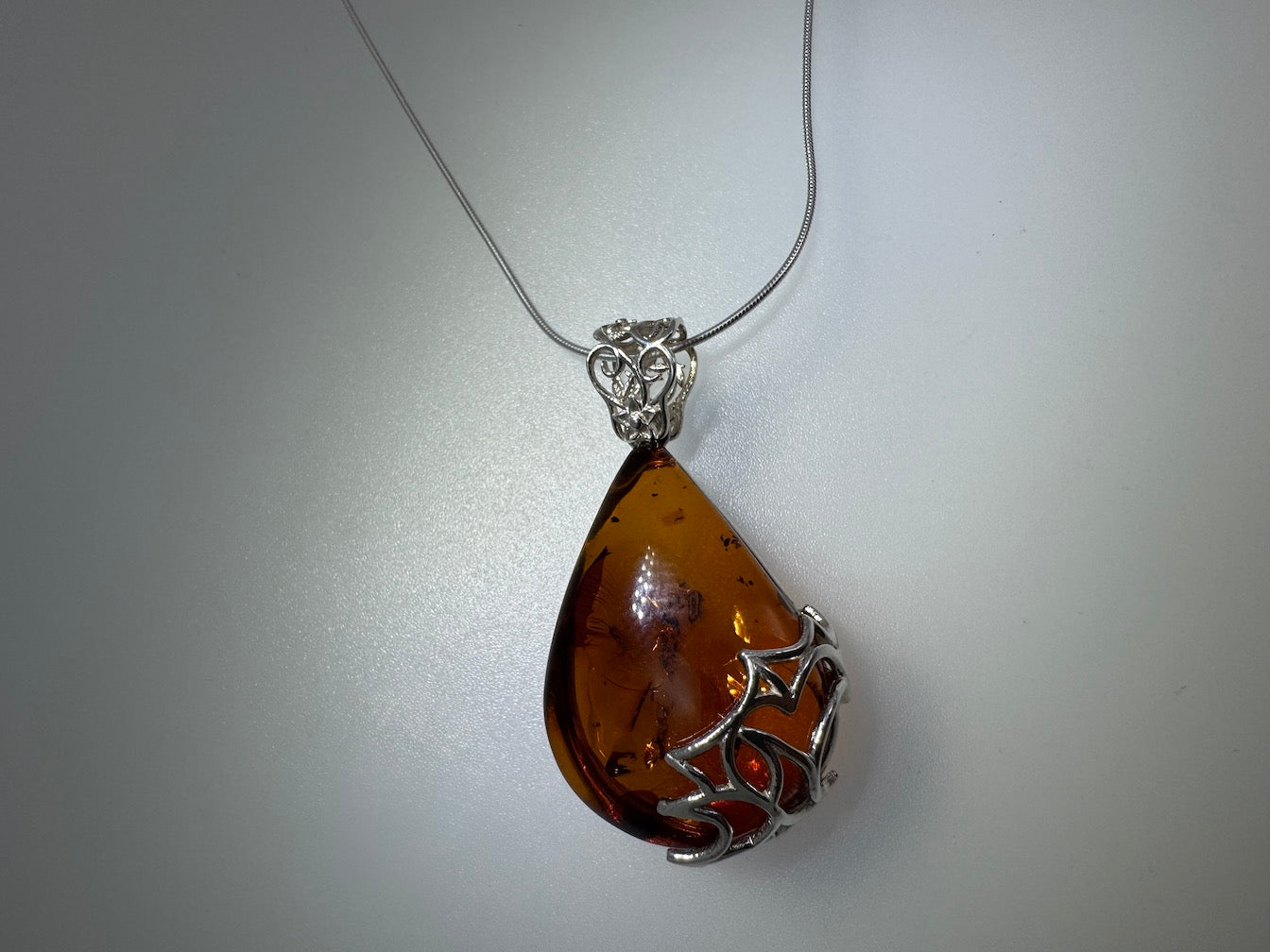Filigree Cognac Baltic Amber Pendant Necklace Sterling Silver – Genuine Amber on Sterling Snake Chain