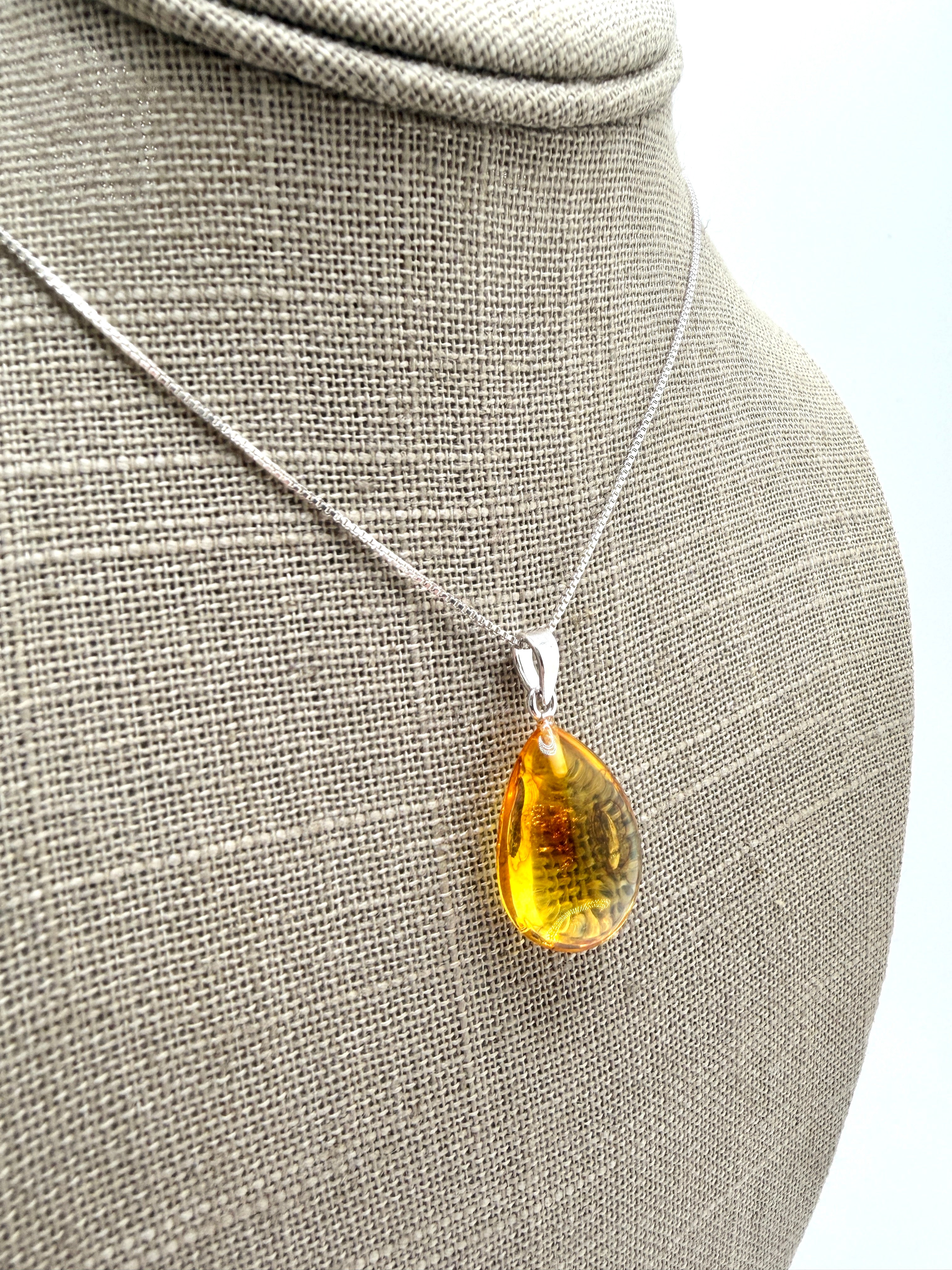 Fossil Inclusion Genuine Baltic Amber & Sterling Silver Lemon Amber Teardrop Pendant