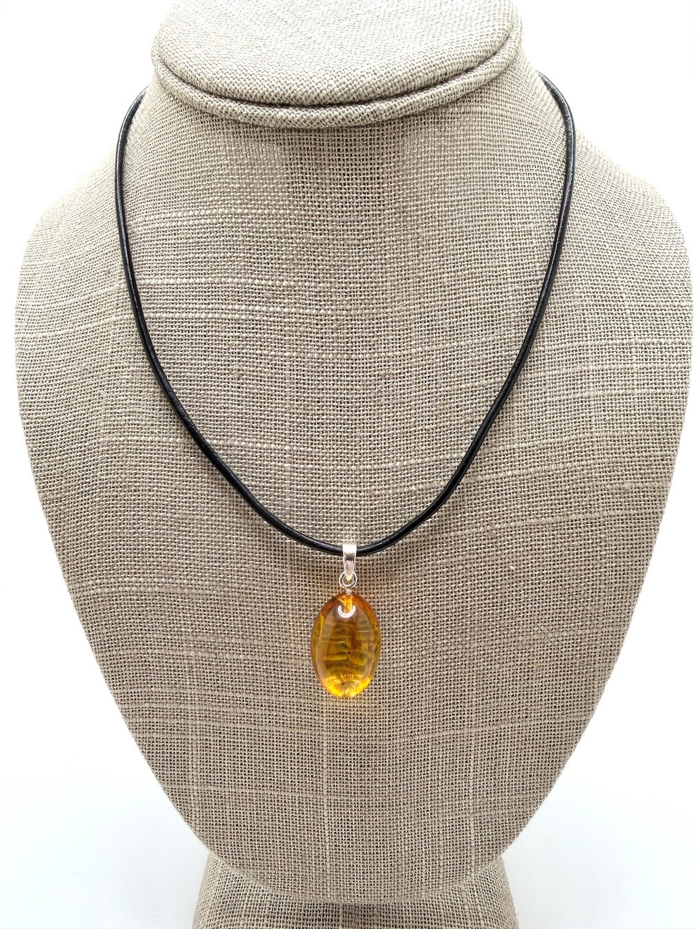 Fossil Inclusion Genuine Baltic Amber & Sterling Silver Oval Drop Pendant 