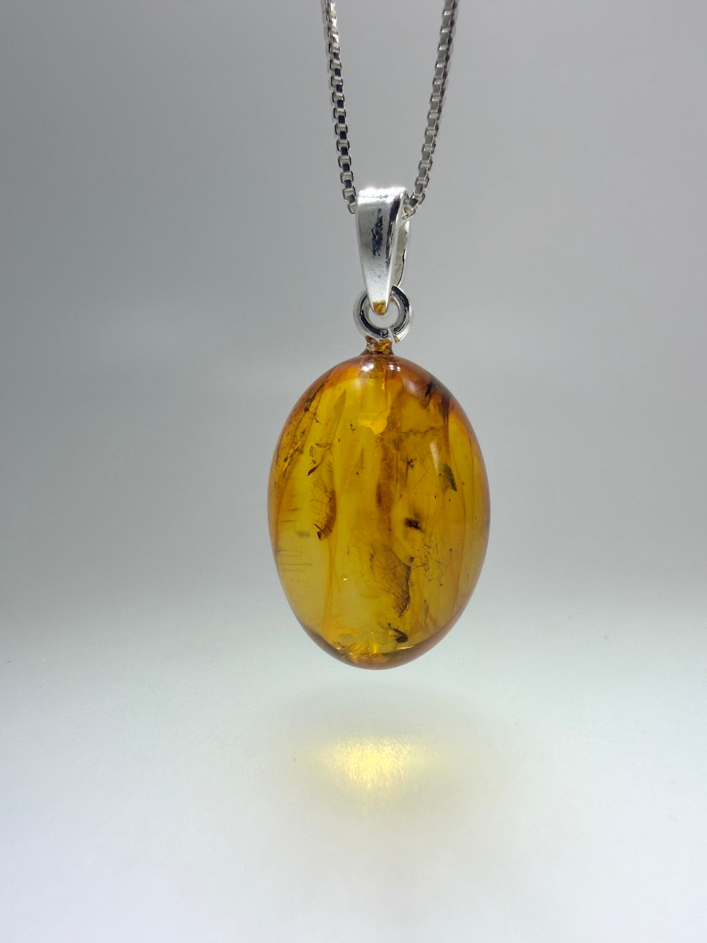Fossil Inclusion Genuine Baltic Amber & Sterling Silver Oval Drop Pendant 
