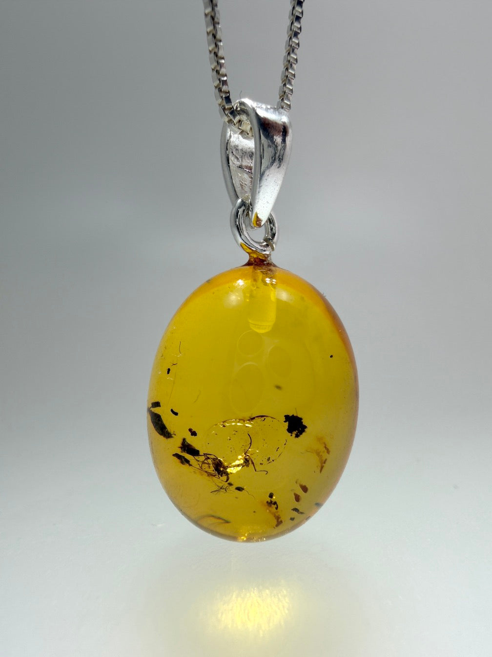 Fossil Inclusion Genuine Baltic Amber & Sterling Silver Oval Drop Pendant 
