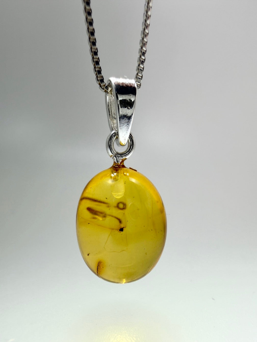 Fossil Inclusion Genuine Baltic Amber & Sterling Silver Oval Drop Pendant 