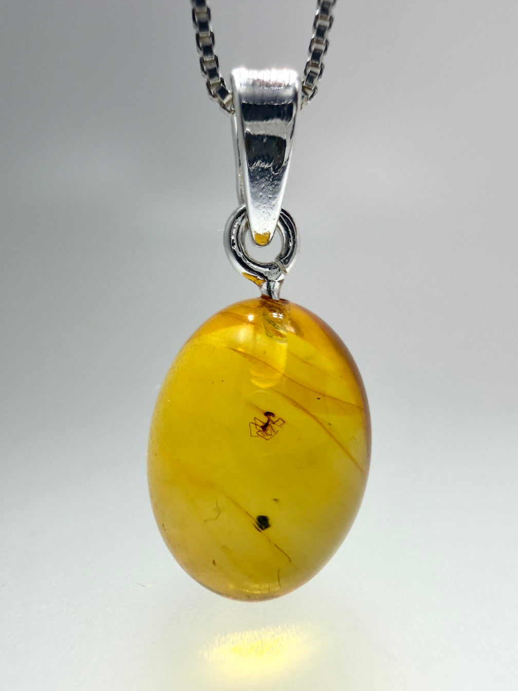 Fossil Inclusion Genuine Baltic Amber & Sterling Silver Oval Drop Pendant 